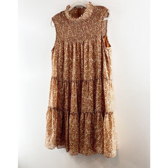 Taylor Smocked Tiered Printed Mini Dress Brown XL - Picture 6 of 8